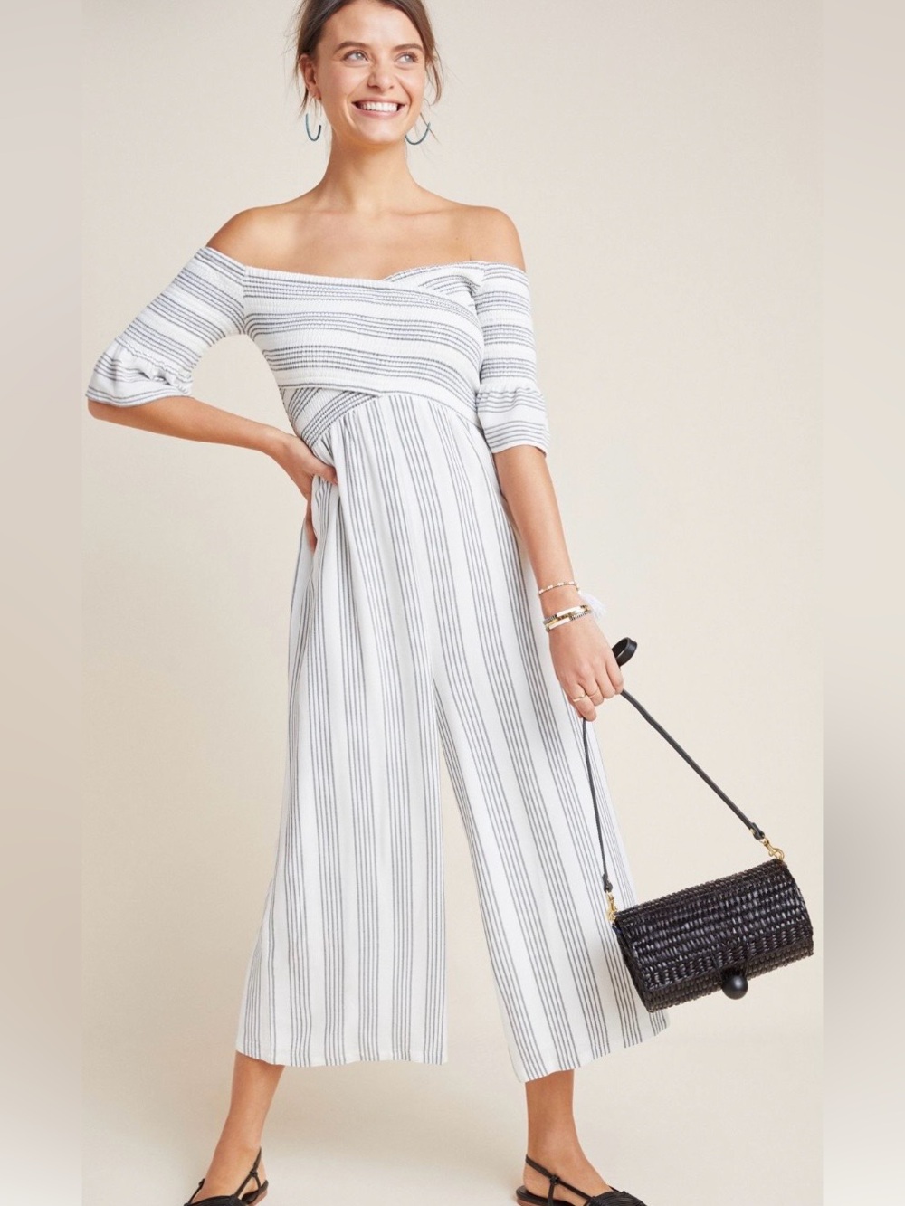 Ali & Jay Off Shoulder Smocked Striped Jumpsuit Romper White & Black Size L